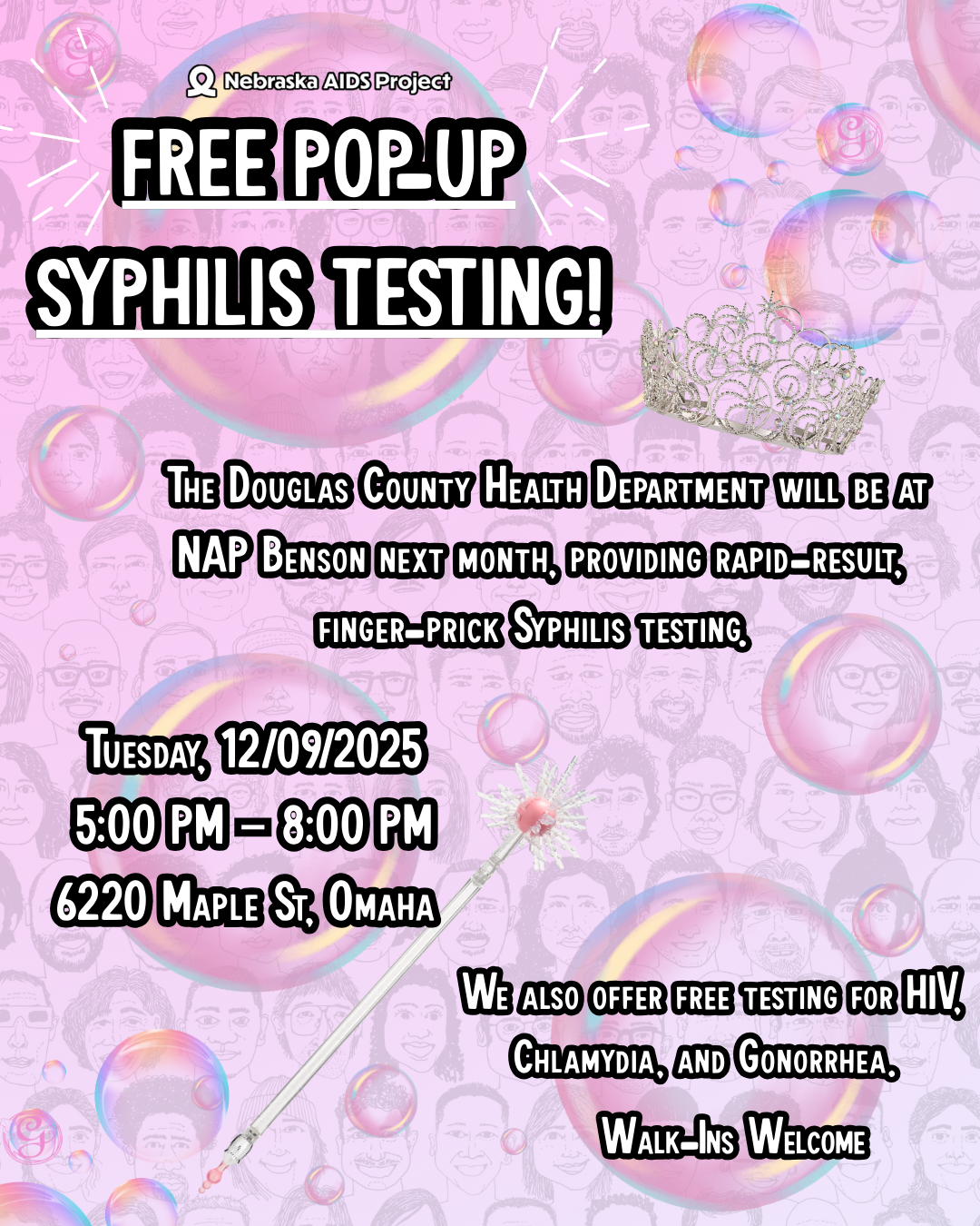 FREE POP UP SYPHILIS TESTING Need fast free testing The Douglas County Health Department will be at NAP Benson next month providing rapid result finger poke Syphilis testing Walk in and 1